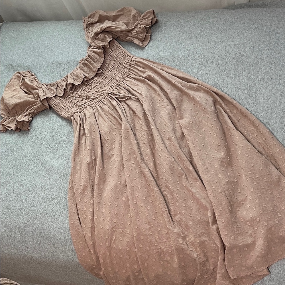 R Yiposha Prairie Milkmaid Midi Dress Medium Smocked Peasant Renaissance Puff
